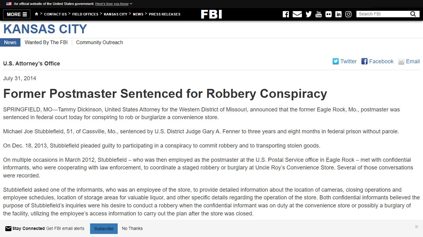 Former Postmaster Sentenced for Robbery Conspiracy — FBI