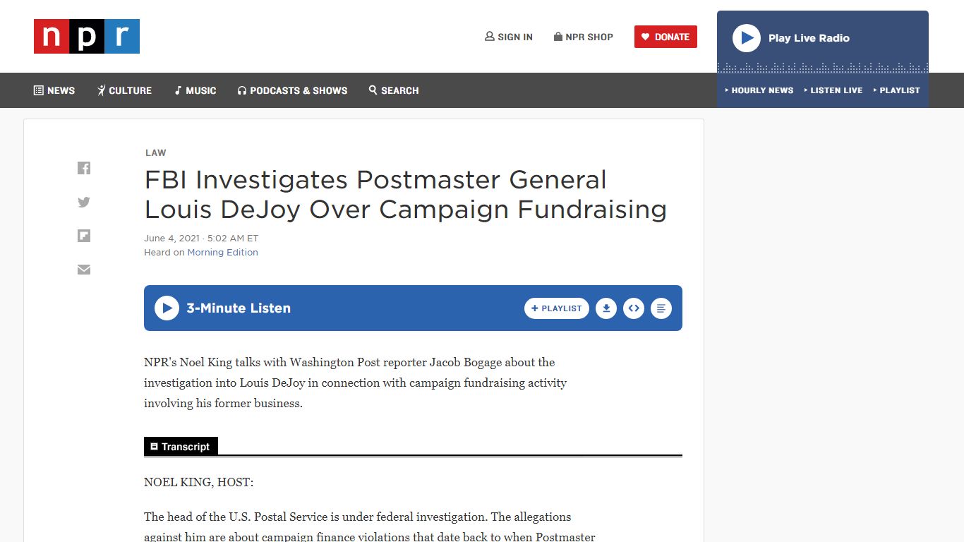 FBI Investigates Postmaster General Louis DeJoy Over Campaign ... - NPR