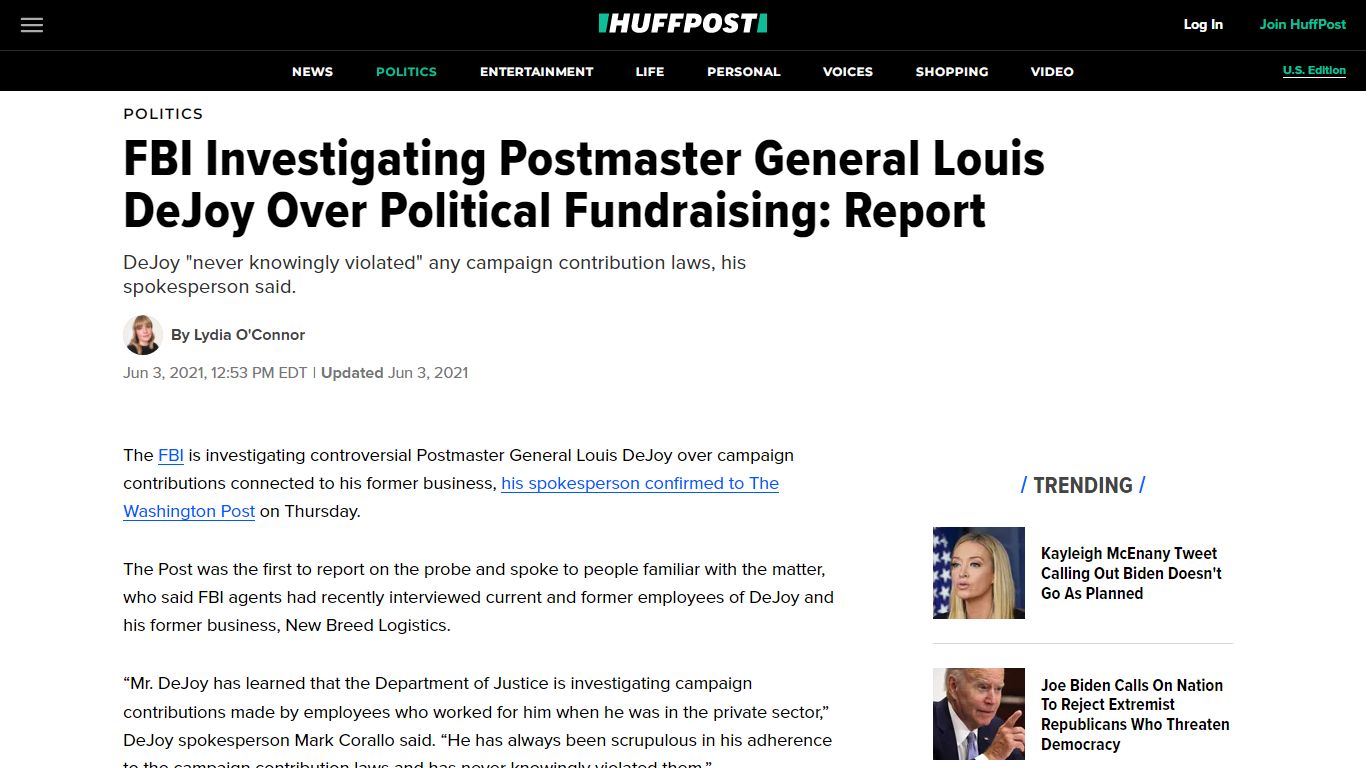 FBI Investigating Postmaster General Louis DeJoy Over Political ...